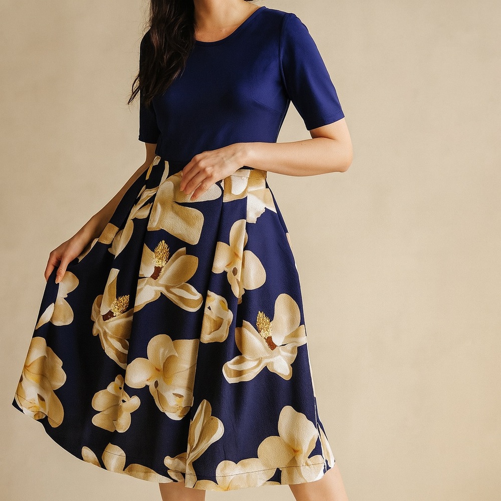 NWT Oxiuli Navy Blue Floral Midi Sun Dress Size Medium